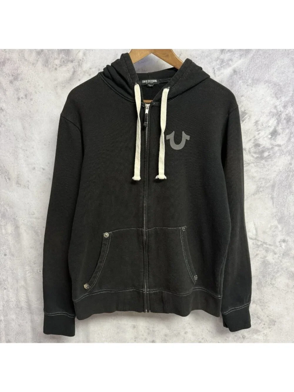 True Religion Black Zip Hoodie with Cream Drawcords